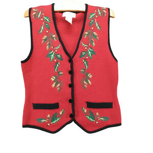 Talbots Womens Knit Sweater Vest Red SZ PP Button Front V-Neck Cropped Vintage